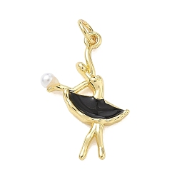 Schwarz Messing Emaille-Anhänger, abs mit Imitationsperle, Ballettmädchen-Anhänger, Gestell, langlebig überzogen, cadmiumfrei und bleifrei, echt 18 k vergoldet, Schwarz, 24.5x17x3.5 mm, Bohrung: 2.5 mm