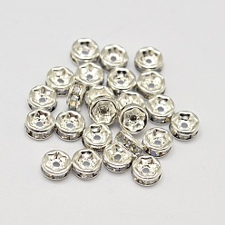 Cristal Crémaillère plaquage grade laiton Rondelles strass perles d'espacement, couleur argent plaqué, cristal, 4x2mm, Trou: 0.5mm