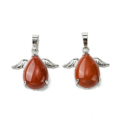 Красный Камень Природные красной яшмы подвески, Подвески-капли со стойкой, латунные крылья с платиновым покрытием, крылья из латуни, без кадмия и без свинца, без кадмия и без свинца, 22~22.5x24.5x8~9 мм, отверстие : 7x5 мм