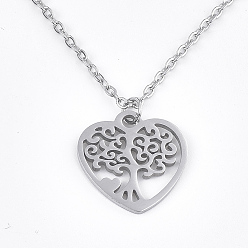 Stainless Steel Color 201 Stainless Steel Pendant Necklaces, with Cable Chains and Lobster Claw Clasps, Heart with Tree, Stainless Steel Color, 15.7 inch(40cm), 1.5mm, Pendant: 16x15~15.5x1mm