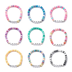 Mixed Color 9Pcs 9 Style Handmade Polymer Clay Heishi Surfer Stretch Bracelets Set, Word Love Star Moon Acrylic Beaded Stackable Preppy Bracelets for Women, Mixed Color, Inner Diameter: 1-7/8 inch(4.9cm), 1Pc/style