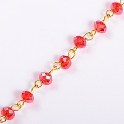 Rouge Chaînes de perles de verre rondelles faites main pour colliers fabrication de bracelets, avec épingle à œil en fer doré, non soudée, rouge, 39.3 pouce, perles de verre: 6x4 mm