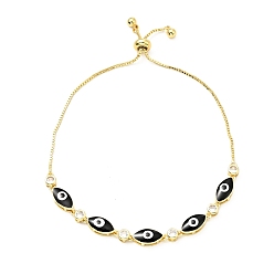 Black Clear Cubic Zirconia & Enamel Horse Eye Links Slider Bracelet, Gold Plated Brass Jewelry for Women, Lead Free & Cadmium Free, Black, 11 inch(28cm)