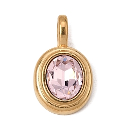 Light Rose 304 Stainless Steel with Rhinestone Pendants, Oval Charms, Ion Plating(IP), Real 18K Gold Plated, Light Rose, 23x13.5x6.5mm, Hole: 5x3mm