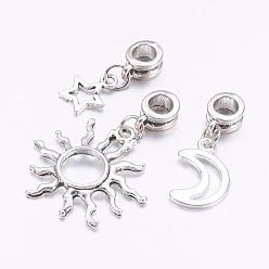 Antique Silver Tibetan Style Alloy European Dangle Charms, Star, Sun & Moon, Antique Silver, 25~38mm, Hole: 4.5mm