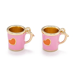 Pink Brass Enamel Charms, with Jump Ring, Golden, Mug with Heart, Pink, 12.5x13.5x10mm, Hole: 3mm