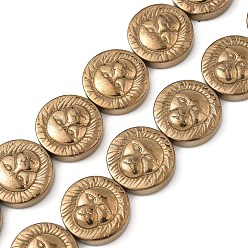 с Золотистым Покрытием Гальванические нити из синтетических немагнитных гематитовых бусин, плоский круг с вырезанной головой животного, с золотым покрытием, 12x4 мм, отверстие : 0.8 мм, около 33 шт / нитка, 15.59~15.75'' (39.6~40 см)