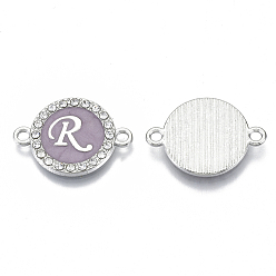 Letter R Alloy Enamel Links Connectors, with Crystal Rhinestones, Flat Round with Letter, Silver Color Plated, Letter.R, 22x16x2mm, Hole: 1.8mm