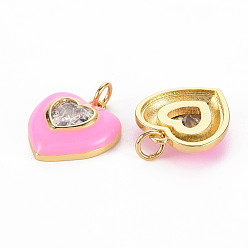 Pearl Pink Brass Enamel Pendants, with Clear Cubic Zirconia and Jump Ring, Nickel Free, Real 16K Gold Plated, Heart, Pearl Pink, 17.5x15.5x4.5mm, Hole: 3.5mm