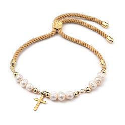 Light Khaki Adjustable Nylon Cord Slider Bracelets, Bolo Bracelets, with Natural Pearl Beads, 304 Stainless Steel Cross Charms and Brass Beads, Light Khaki, Inner Diameter: 1-5/8~3-7/8 inch(4~10cm)