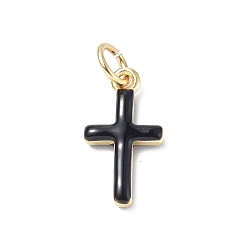 Black Real 18K Gold Plated Eco-Friendly Rack Plating Brass Enamel Pendants, Long-Lasting Plated, with Jump Rings, Lead Free & Cadmium Free, Cross Charm, Black, 15x8x3mm, Hole: 3.4mm