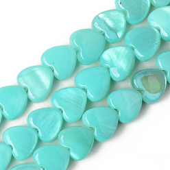 Turquoise Spray Painted Natural Freshwater Shell Beads Strands, Heart, Turquoise, 5x6x3mm, Hole: 0.5mm, about 72~74pcs/strand, 14.84 inch~15.27 inch(37.7~38.8cm)