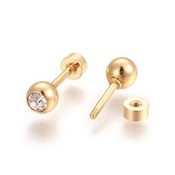 Golden 304 Stainless Steel Earlobe Plugs, Screw Back Earrings, with Rhinestone, Flat Round, Crystal, Golden, 13mm, Flat Round: 5mm, Pin: 1mm