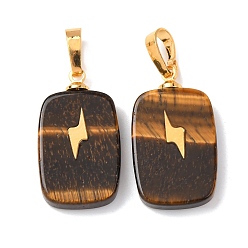 Тигровый глаз Природных тигровый глаз подвески, с латунной фурнитурой и 304 кабошонами из нержавеющей стали, золотые, Прямоугольные подвески с узором в виде молний, 23~23.5x13~13.5x3.5~4 мм, отверстие : 7.5x4 мм