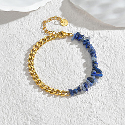 Lapis Lazuli Natural Lapis Lazuli Chips Beaded Bracelet, with Golden Stainless Steel Curb Chains, 6-1/4 inch(16cm)