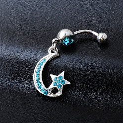 Sapphire Rhinestone Moon & Star Dangle Belly Ring, Alloy Navel Ring with 316L Surgical Stainless Steel Bar for Women Piercing Jewelry, Sapphire, 47mm