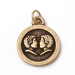 Gemini Brass Pendants, with Jump Rings, Long-Lasting Plated, Flat Round with 12 Constellation/Zodiac Sign, Antique Bronze, Gemini, 18.5x15x2mm, Jump Ring: 5x0.7mm, Inner Diameter: 3.6mm
