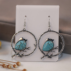 Blue turquoise WH1377 European and American Bird Branch Turquoise Earrings - Simple, Fashionable, Vintage Pendant Earrings.