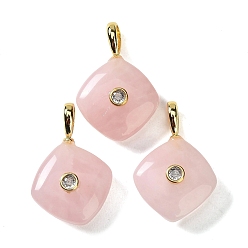 Rose Quartz Natural Rose Quartz Pendants, with Golden Brass Micro Pave Clear Cubic Zirconia Findings, Rhombus Charm, 30~30.5x20.5~21x9~10mm, Hole: 5.5~6x4mm