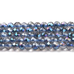 Blue Plated Transparent Electroplate Glass Beads Strands, Half Plated, Faceted Round, Blue Plated, 3x2.5mm, Hole: 0.7mm, about 149pcs/strand, 14.57''(37cm)