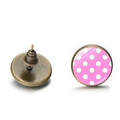Pearl Pink Alloy Stud Earrings with Ear Nuts, Glass Flat Round Polka Dot Ear Studs for Women, Pearl Pink, 12mm