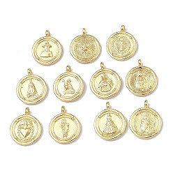 Настоящее золото 18K Религия латунные подвески, плоские круглые прелести, долговечный, без кадмия и без свинца, стойки покрытие, реальный 18 k позолоченный, 24x19.5x5.5 мм, отверстие : 3 мм