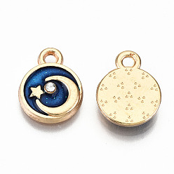 Blue Alloy Enamel Charms, with Crystal Rhinestone with Glitter Powder, Cadmium Free & Lead Free, Flat Round with Moon, Light Gold, Blue, 13x10x2mm, Hole: 1.6mm