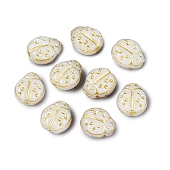 (404) Непрозрачное AB Кислое яблоко Стеклянные бусины, жук, золотой металл обвитыми, цветочный белый, 9x8x5 мм, отверстие : 1 мм