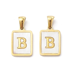 Letter B Ion Plating(IP) 304 Stainless Steel Pave Shell Pendants, Rectangle Charm, Real 18K Gold Plated, Letter B, 17.5x12x1.5mm, Hole: 3x5mm