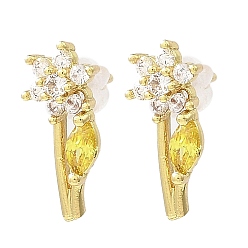 Yellow Flower Real 18K Gold Plated Brass Stud Earrings, with Clear Cubic Zirconia, Long-Lasting Plated, Lead Free & Cadmium Free, Yellow, 15x6.5mm