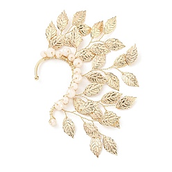 Light Gold Alloy Leaf Cuff Earrings, Glass Beads Climber Wrap Around Earring for Women, Light Gold, 132x87~90x9mm