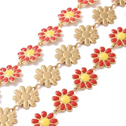 Red 304 Stainless Steel Daisy Flower Link Chains with Enamel, Unwelded, Golden, Red, 14x10x1mm