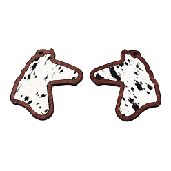 Ivoire Grands pendentifs en cuir de vachette écologique, avec du bois teint, tête de cheval avec motif de vache, blanc crème, 53.5x42x3mm, Trou: 2mm