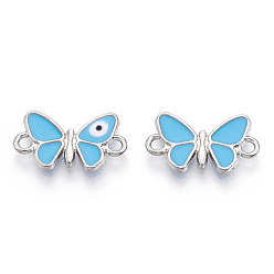 Deep Sky Blue Alloy Enamel Connector Charms, Cadmium Free & Lead Free, Butterfly with Evil Eye Links, Platinum, Deep Sky Blue, 10x17.5x2mm, Hole: 1.6mm