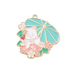 Turquoise Moyen Pendentifs en émail , Chat en kimono de style japonais avec breloque parapluie, or, turquoise moyen, 33.5x31.5x1mm, Trou: 2mm