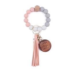 Pink Silicone Beaded Wristlet Keychain, with Imitation Leather Tassel and Word Mama Board, for Women Car Key or Bag Decoration, Pink, 20cm