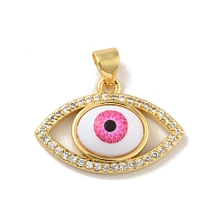 Deep Pink Brass Micro Pave Cubic Zirconia Pendants, with Acrylic, Cadmium Free & Lead Free, Long-Lasting Plated, Evil Eye, Real 18K Gold Plated, Deep Pink, 15x22.5x6mm, Hole: 4x3.5mm