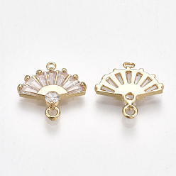 Real 18K Gold Plated Brass Cubic Zirconia Links, Fan, Clear, Real 18K Gold Plated, 14x14.5x2.5mm, Hole: 1mm