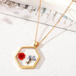 3# Red and Blue Flowers Bohemian Natural Dried Flower Hexagonal Geometric Transparent Glue Necklace Plant Floral Pendant