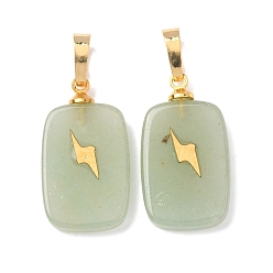 Зеленый Авантюрин Естественный зеленый авантюрин подвески, с латунной фурнитурой и 304 кабошонами из нержавеющей стали, золотые, Прямоугольные подвески с узором в виде молний, 23~23.5x13~13.5x3.5~4 мм, отверстие : 7.5x4 мм