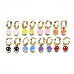 Mixed Color Brass Enamel Huggie Hoop Earrings, Nickel Free, Real 16K Gold Plated, Smiling Face, Mixed Color, 20.5x13mm, Pin: 1mm