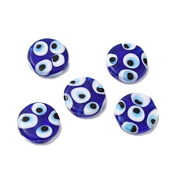 Blue Handmade Lampwork Beads, Flat Round with Evil Eye, Blue, 17.5~18x5.5~5.7mm, Hole: 1.4~1.7mm