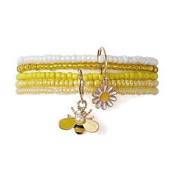 Yellow 5Pcs 5 Style Bees & Flower Alloy Enamel Charm Bracelets Set, Glass Seed Beaded Stretch Bracelets, Yellow, Inner Diameter: 2-1/4~2-1/2 inch(5.7~6.3cm), 1Pc/style