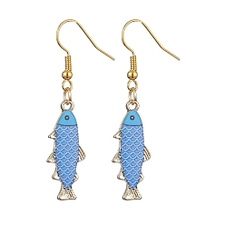 Cornflower Blue Light Gold Alloy Enamel Dangle Earrings, Fish, Cornflower Blue, 48x10mm