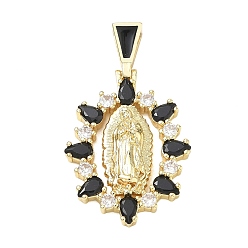 Black Religion Brass Pave Cubic Zirconia Pendants, with Enamel, Oval with Virgin Charms, Lead Free & Cadmium Free, Long-Lasting Plated, Rack Plating, Real 18K Gold Plated, Black, 36mm, Pendant: 29x20x4mm, Hole: 5.5x3mm