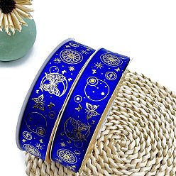 Blue Golden Hot Stamping Butterfly Star Pattern Polyester Ribbons, for DIY Handmade Craft, Hair Bowknots and Gift Decoration, Blue, 1 inch(25mm), 48 Yards/Roll