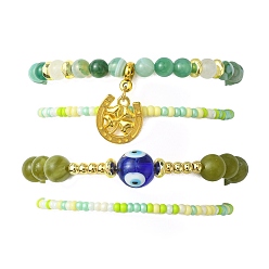 Mixed Stone 4Pcs 4 Style Natural Mixed Gemstone & Glass Evil Eye Beaded Stretch Bracelets Set, Alloy Clover Charms Stackable Bracelets for Women, Inner Diameter: 2-1/4 inch(5.6cm), 1Pc/style
