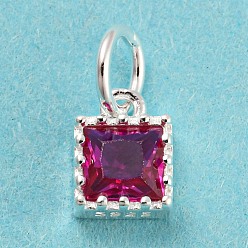 Medium Violet Red 925 Sterling Silver Charms, with Cubic Zirconia, Faceted Square, Silver, Medium Violet Red, 7x5x3mm, Hole: 3mm