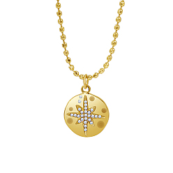 Real 18K Gold Plated Stainless Steel Rhinestone Flat Round with Star Pendant Necklaces, Ball Chain Necklace for Women, Real 18K Gold Plated, 16-1/2 inch(42cm)
