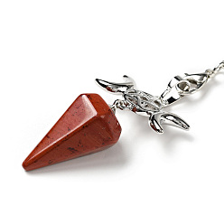 Red Jasper Gemstone Hexagonal Pointed Dowsing Pendulums, with Platinum Tone Brass Findings and Chains, Cadmium Free & Lead Free, Cone with Triple Moon, 230~250mm, pendant: 50~54x26x15~16.5mm, Hole: 1.8x2.2mm